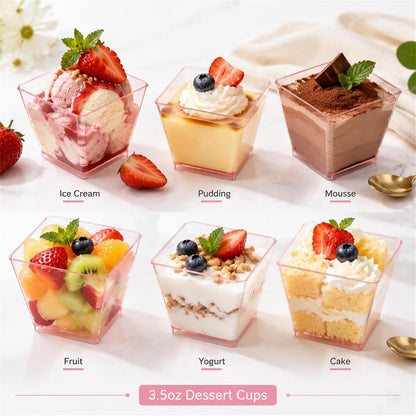 50 Sets Square Dessert Cups with Spoons, Disposable, 3.5 oz, Pink