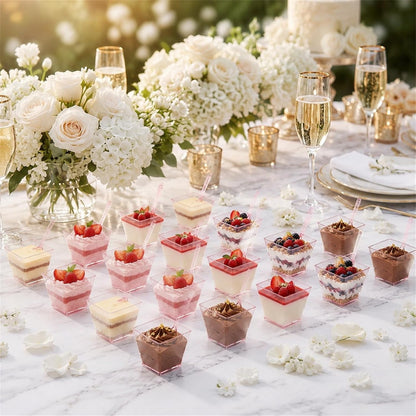 50 Sets Square Dessert Cups with Spoons, Disposable, 3.5 oz, Pink