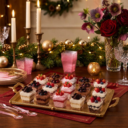 50 Sets Square Dessert Cups with Spoons, Disposable, 3.5 oz, Pink