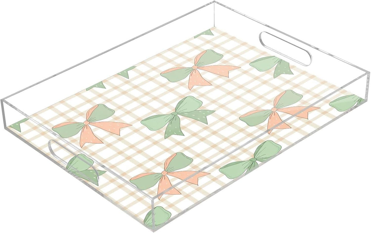 Green Peach Bows Serving Tray with Handles, 12x16 Inch Decorative Acrylic Tray Organizer, Multi-Purpose Sturdy Serving Platter for Coffee Table, Kitchen, Vanity, Nightstand