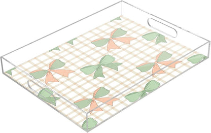 Green Peach Bows Serving Tray with Handles, 12x16 Inch Decorative Acrylic Tray Organizer, Multi-Purpose Sturdy Serving Platter for Coffee Table, Kitchen, Vanity, Nightstand