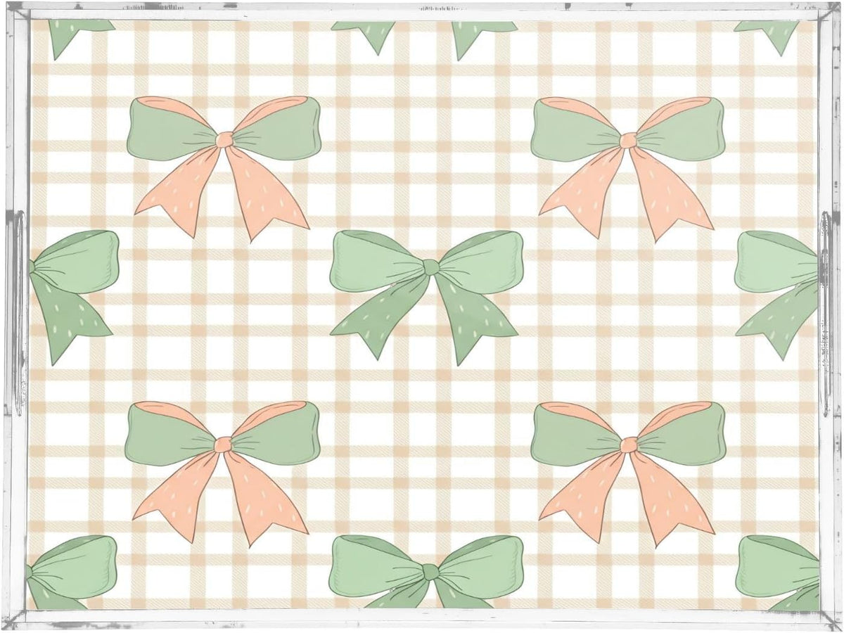 Green Peach Bows Serving Tray with Handles, 12x16 Inch Decorative Acrylic Tray Organizer, Multi-Purpose Sturdy Serving Platter for Coffee Table, Kitchen, Vanity, Nightstand