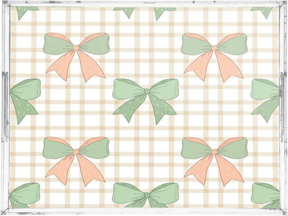 Green Peach Bows Serving Tray with Handles, 12x16 Inch Decorative Acrylic Tray Organizer, Multi-Purpose Sturdy Serving Platter for Coffee Table, Kitchen, Vanity, Nightstand