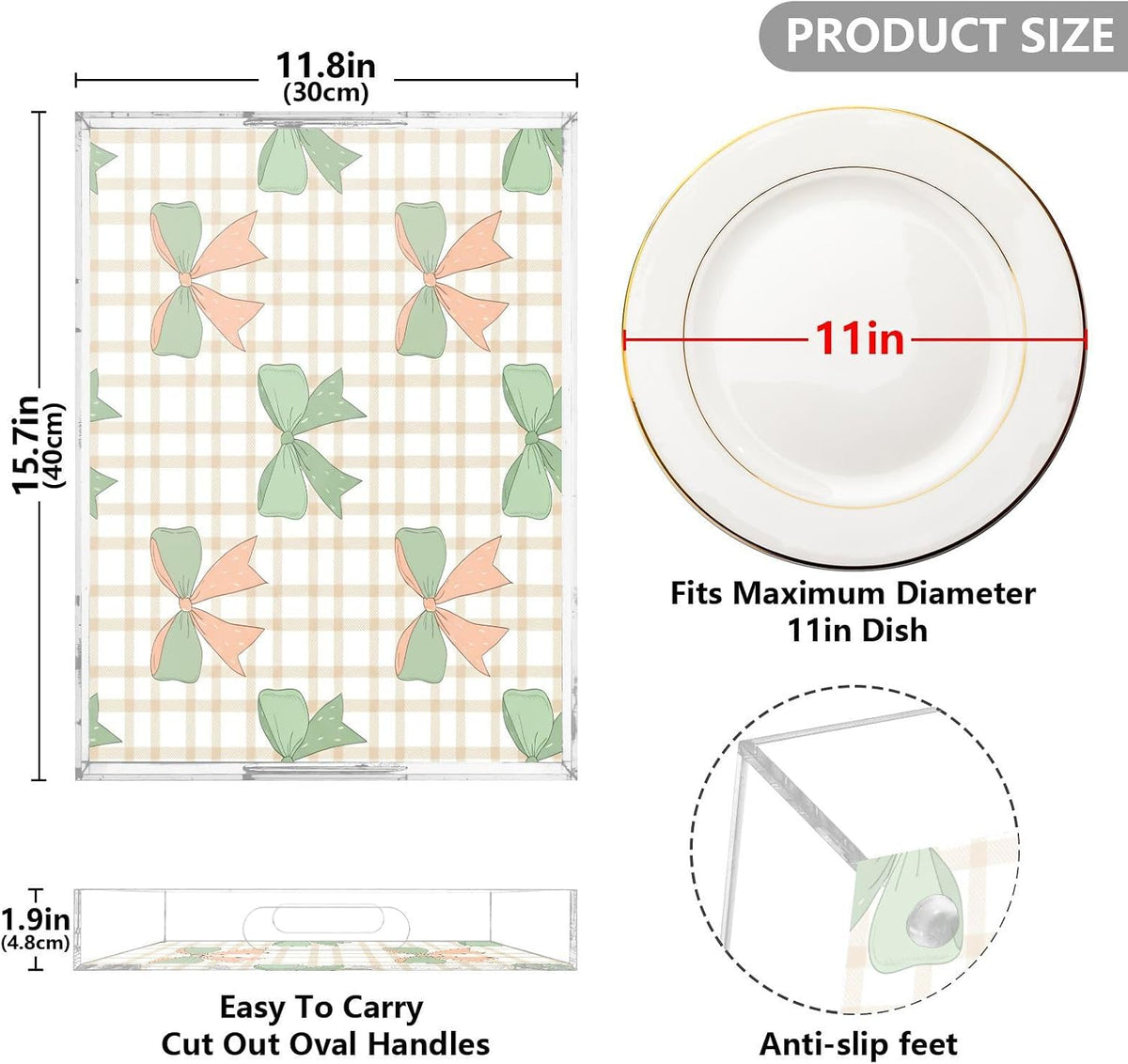 Green Peach Bows Serving Tray with Handles, 12x16 Inch Decorative Acrylic Tray Organizer, Multi-Purpose Sturdy Serving Platter for Coffee Table, Kitchen, Vanity, Nightstand