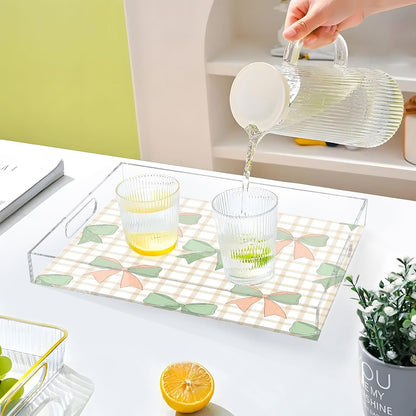 Green Peach Bows Serving Tray with Handles, 12x16 Inch Decorative Acrylic Tray Organizer, Multi-Purpose Sturdy Serving Platter for Coffee Table, Kitchen, Vanity, Nightstand