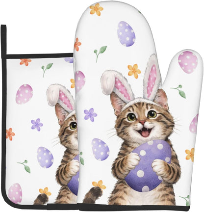 Easter Oven Mitts and Pot Holders Sets Easter Eggs Oven Mitts Heat Resistant Pink Bunny Rabbit Ears Cat Cute Kitchen Gloves Hot Pads Two Piece Set for Spring Cooking Baking Grilling BBQ
