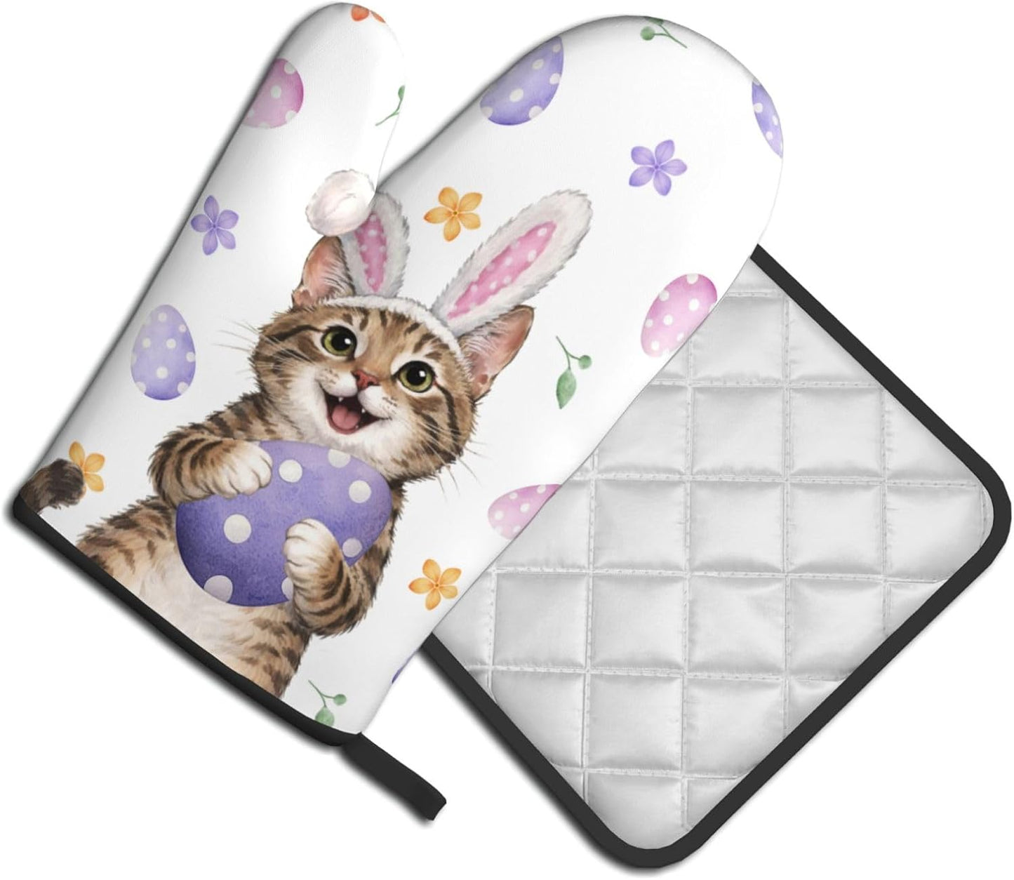 Easter Oven Mitts and Pot Holders Sets Easter Eggs Oven Mitts Heat Resistant Pink Bunny Rabbit Ears Cat Cute Kitchen Gloves Hot Pads Two Piece Set for Spring Cooking Baking Grilling BBQ