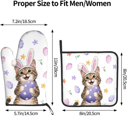 Easter Oven Mitts and Pot Holders Sets Easter Eggs Oven Mitts Heat Resistant Pink Bunny Rabbit Ears Cat Cute Kitchen Gloves Hot Pads Two Piece Set for Spring Cooking Baking Grilling BBQ