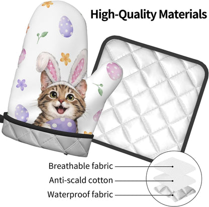 Easter Oven Mitts and Pot Holders Sets Easter Eggs Oven Mitts Heat Resistant Pink Bunny Rabbit Ears Cat Cute Kitchen Gloves Hot Pads Two Piece Set for Spring Cooking Baking Grilling BBQ
