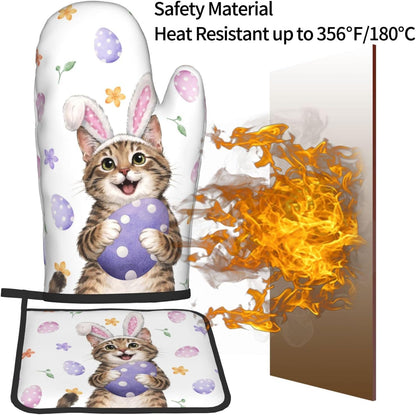 Easter Oven Mitts and Pot Holders Sets Easter Eggs Oven Mitts Heat Resistant Pink Bunny Rabbit Ears Cat Cute Kitchen Gloves Hot Pads Two Piece Set for Spring Cooking Baking Grilling BBQ