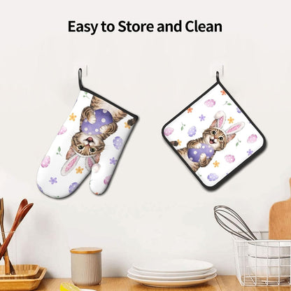 Easter Oven Mitts and Pot Holders Sets Easter Eggs Oven Mitts Heat Resistant Pink Bunny Rabbit Ears Cat Cute Kitchen Gloves Hot Pads Two Piece Set for Spring Cooking Baking Grilling BBQ