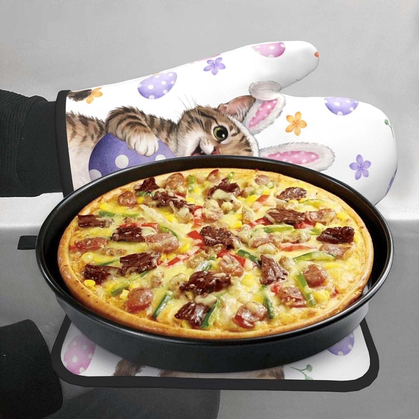 Easter Oven Mitts and Pot Holders Sets Easter Eggs Oven Mitts Heat Resistant Pink Bunny Rabbit Ears Cat Cute Kitchen Gloves Hot Pads Two Piece Set for Spring Cooking Baking Grilling BBQ