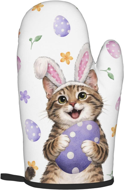 Easter Oven Mitts and Pot Holders Sets Easter Eggs Oven Mitts Heat Resistant Pink Bunny Rabbit Ears Cat Cute Kitchen Gloves Hot Pads Two Piece Set for Spring Cooking Baking Grilling BBQ