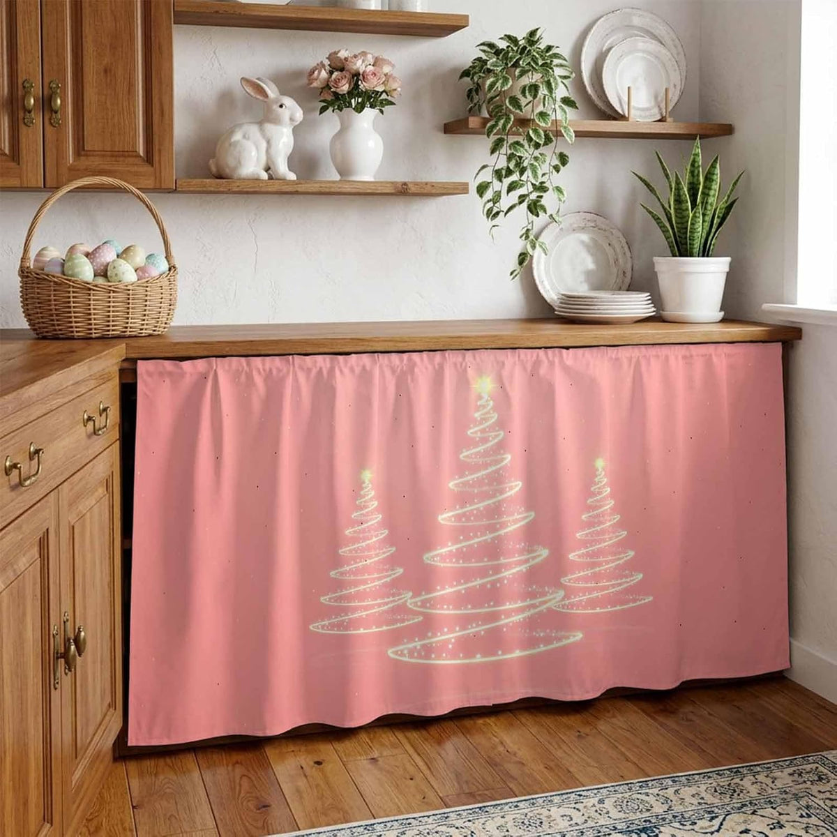 Chritsmas Tree Lights Cabinet Curtains 28"x51" Sink Skirt for Bathroom Kitchen, Pink Xmas New Year Holiday Self Stick Adhesive Under Desk Covers Tall Laundry Cabinet Storage Organizer