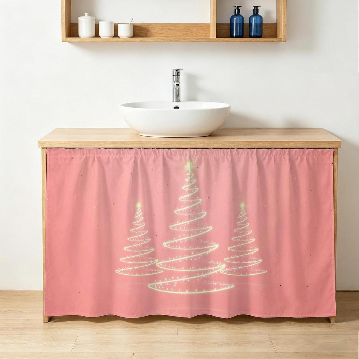Chritsmas Tree Lights Cabinet Curtains 28"x51" Sink Skirt for Bathroom Kitchen, Pink Xmas New Year Holiday Self Stick Adhesive Under Desk Covers Tall Laundry Cabinet Storage Organizer