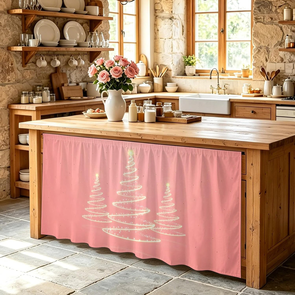 Chritsmas Tree Lights Cabinet Curtains 28"x51" Sink Skirt for Bathroom Kitchen, Pink Xmas New Year Holiday Self Stick Adhesive Under Desk Covers Tall Laundry Cabinet Storage Organizer