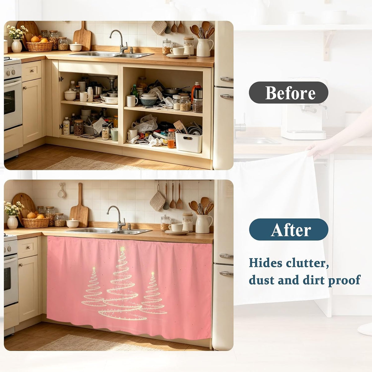 Chritsmas Tree Lights Cabinet Curtains 28"x51" Sink Skirt for Bathroom Kitchen, Pink Xmas New Year Holiday Self Stick Adhesive Under Desk Covers Tall Laundry Cabinet Storage Organizer