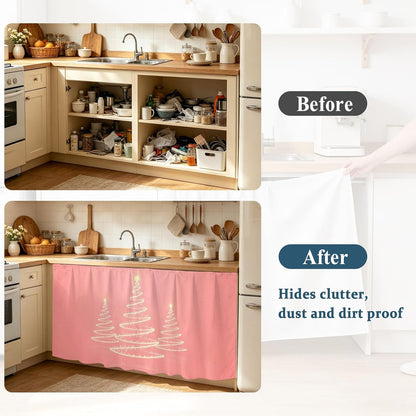 Chritsmas Tree Lights Cabinet Curtains 28"x51" Sink Skirt for Bathroom Kitchen, Pink Xmas New Year Holiday Self Stick Adhesive Under Desk Covers Tall Laundry Cabinet Storage Organizer