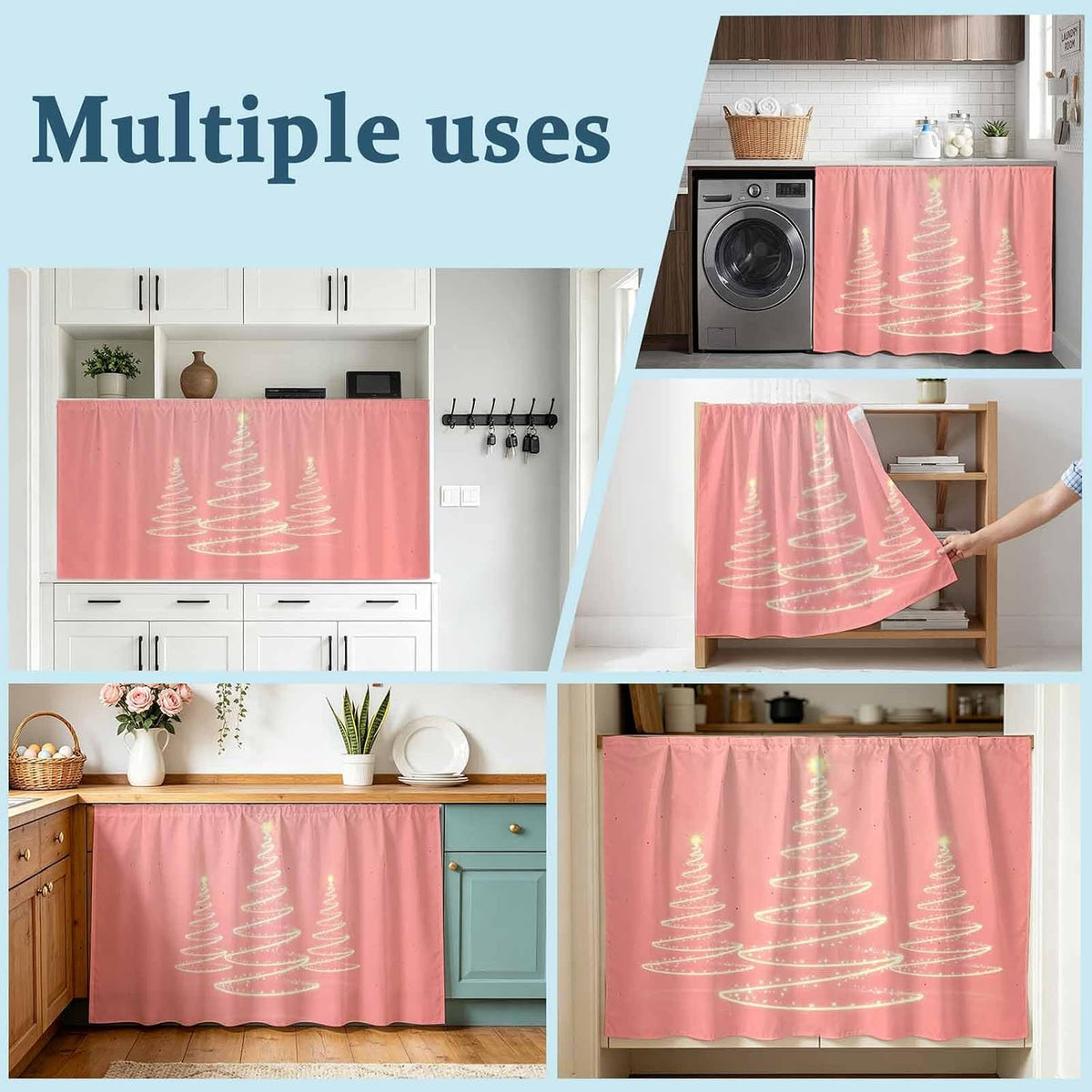 Chritsmas Tree Lights Cabinet Curtains 28"x51" Sink Skirt for Bathroom Kitchen, Pink Xmas New Year Holiday Self Stick Adhesive Under Desk Covers Tall Laundry Cabinet Storage Organizer