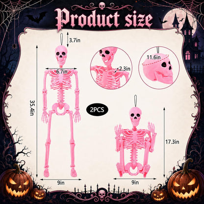 2 Pcs 36" Pink Skeleton Decor, Halloween Prop Skeleton with Movable Joints