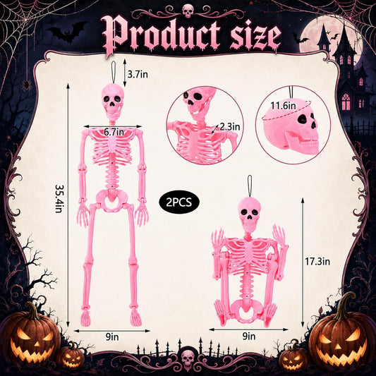 2 Pcs 36" Pink Skeleton Decor, Halloween Prop Skeleton with Movable Joints