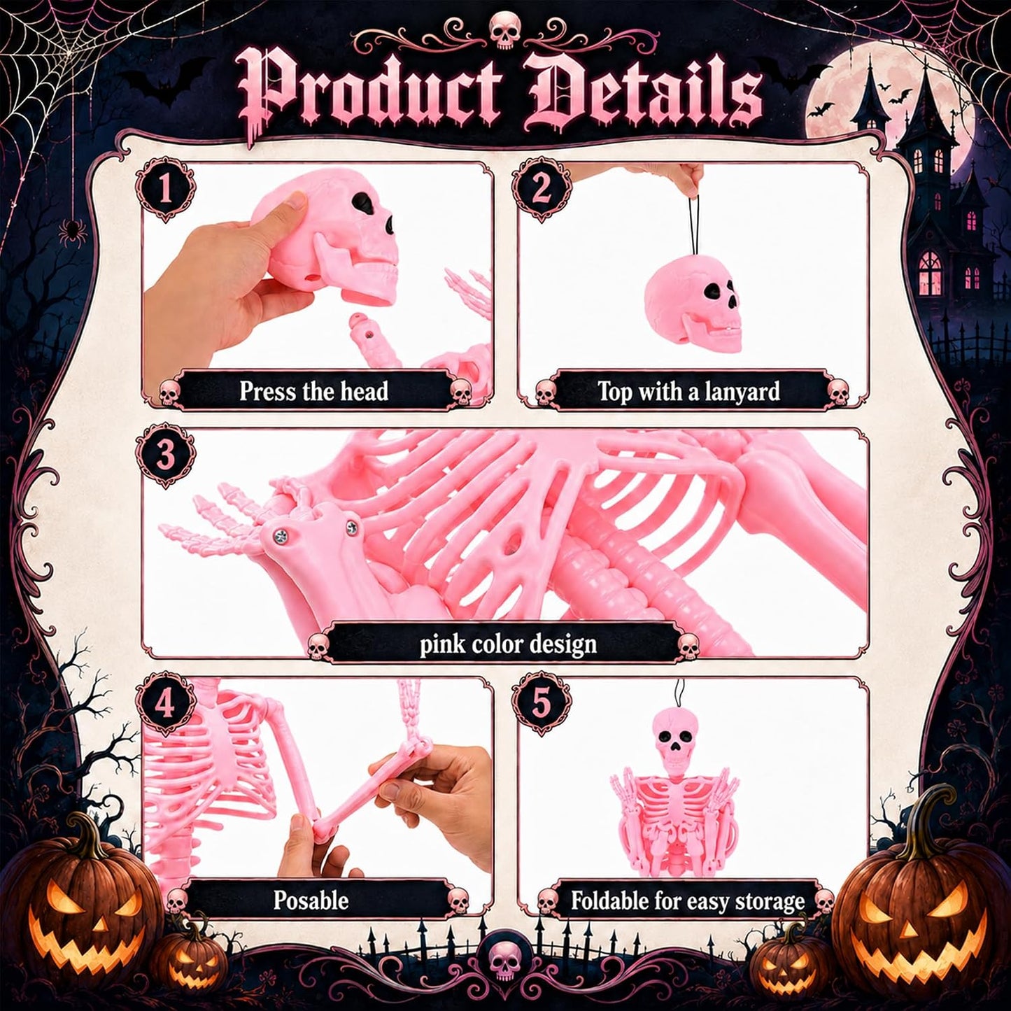 2 Pcs 36" Pink Skeleton Decor, Halloween Prop Skeleton with Movable Joints