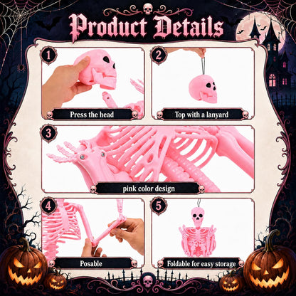 2 Pcs 36" Pink Skeleton Decor, Halloween Prop Skeleton with Movable Joints
