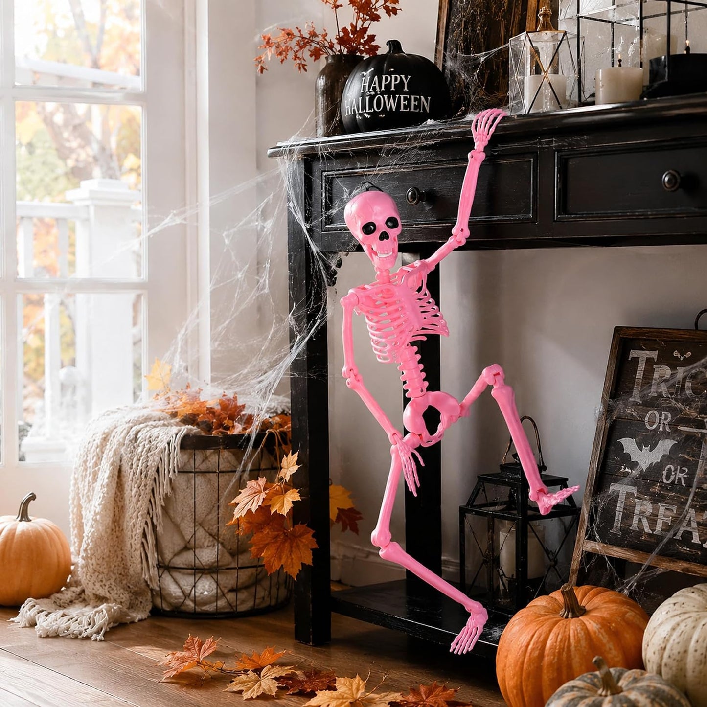 2 Pcs 36" Pink Skeleton Decor, Halloween Prop Skeleton with Movable Joints