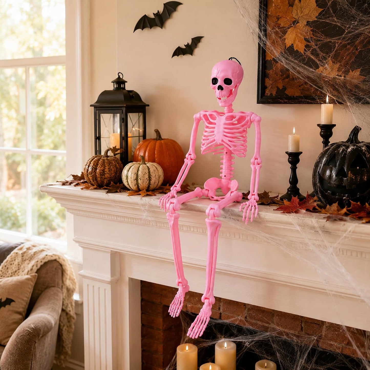 2 Pcs 36" Pink Skeleton Decor, Halloween Prop Skeleton with Movable Joints