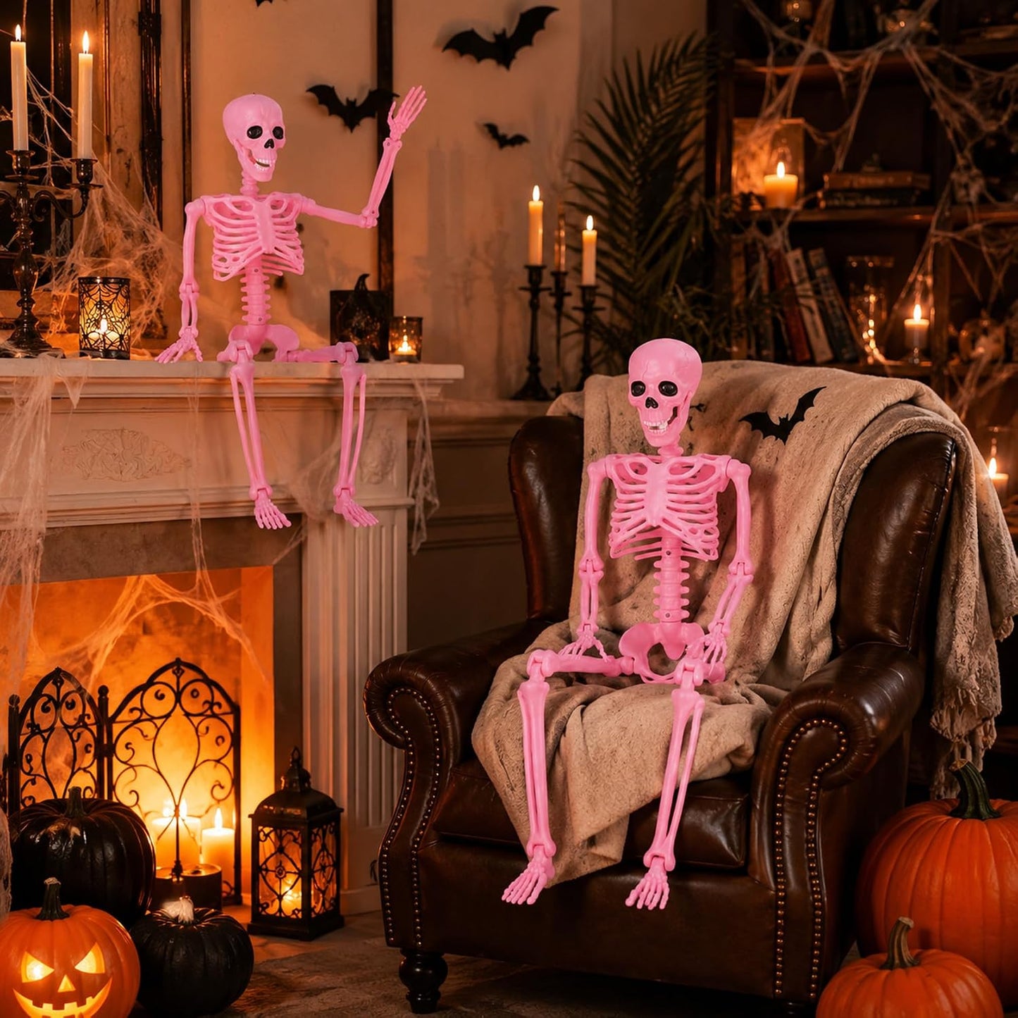 2 Pcs 36" Pink Skeleton Decor, Halloween Prop Skeleton with Movable Joints