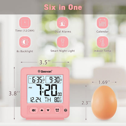 Smart Night Light Small Digital Alarm Clock with 2 Increasing Beep Alarm, Indoor Temperature, Battery Operated Travel Clock for Bedroom, Bedside, Desk(Pink)