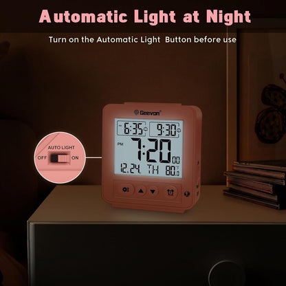 Smart Night Light Small Digital Alarm Clock with 2 Increasing Beep Alarm, Indoor Temperature, Battery Operated Travel Clock for Bedroom, Bedside, Desk(Pink)