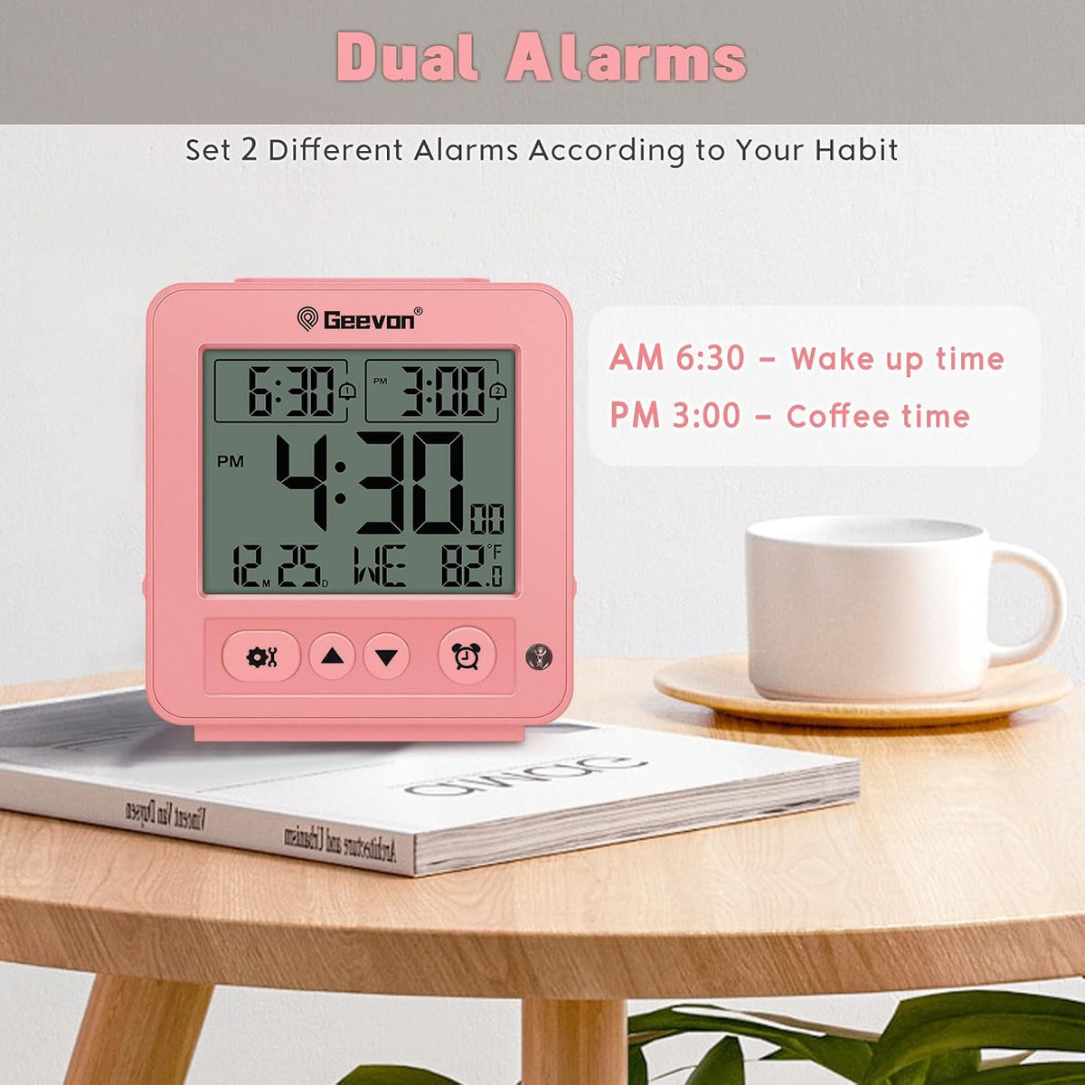Smart Night Light Small Digital Alarm Clock with 2 Increasing Beep Alarm, Indoor Temperature, Battery Operated Travel Clock for Bedroom, Bedside, Desk(Pink)