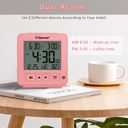 Smart Night Light Small Digital Alarm Clock with 2 Increasing Beep Alarm, Indoor Temperature, Battery Operated Travel Clock for Bedroom, Bedside, Desk(Pink)