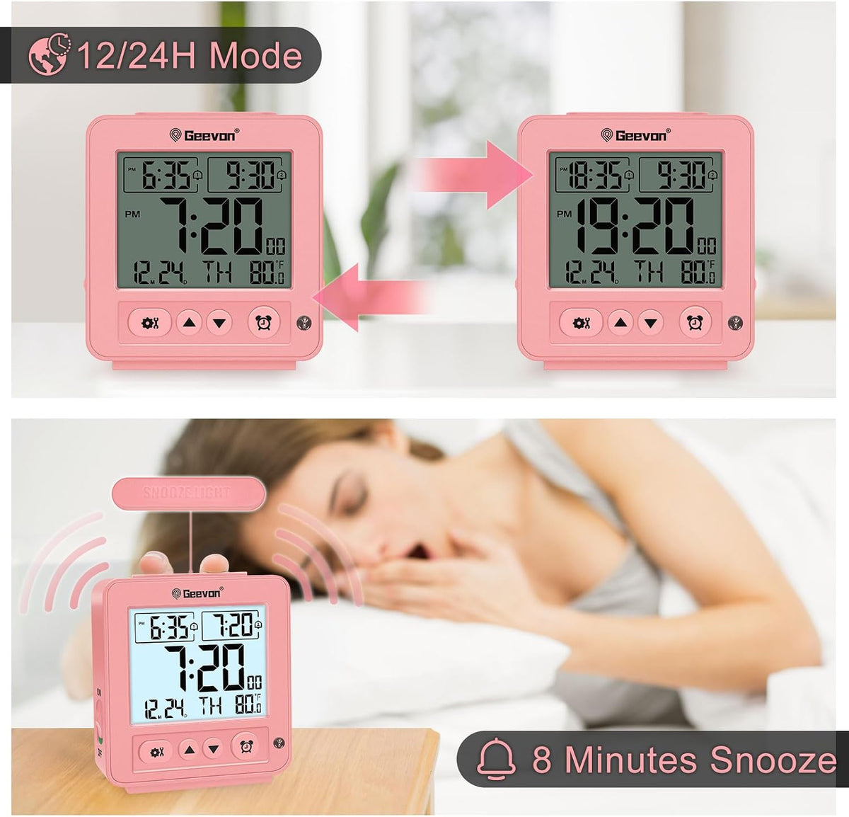 Smart Night Light Small Digital Alarm Clock with 2 Increasing Beep Alarm, Indoor Temperature, Battery Operated Travel Clock for Bedroom, Bedside, Desk(Pink)