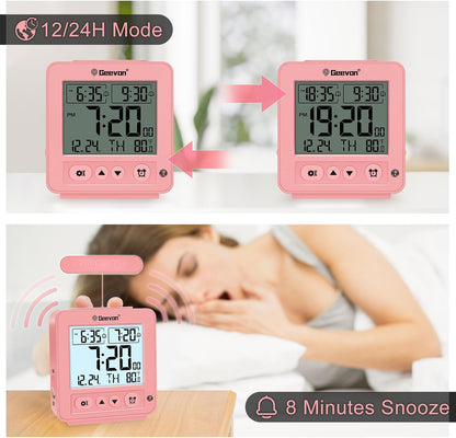 Smart Night Light Small Digital Alarm Clock with 2 Increasing Beep Alarm, Indoor Temperature, Battery Operated Travel Clock for Bedroom, Bedside, Desk(Pink)