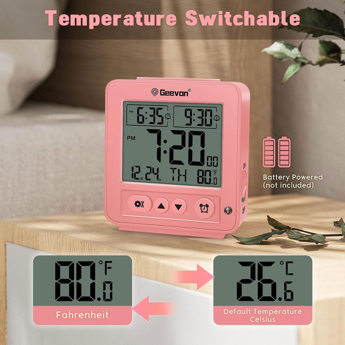 Smart Night Light Small Digital Alarm Clock with 2 Increasing Beep Alarm, Indoor Temperature, Battery Operated Travel Clock for Bedroom, Bedside, Desk(Pink)