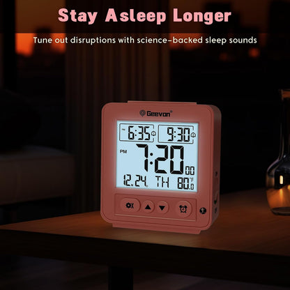 Smart Night Light Small Digital Alarm Clock with 2 Increasing Beep Alarm, Indoor Temperature, Battery Operated Travel Clock for Bedroom, Bedside, Desk(Pink)