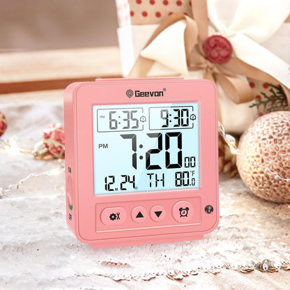 Smart Night Light Small Digital Alarm Clock with 2 Increasing Beep Alarm, Indoor Temperature, Battery Operated Travel Clock for Bedroom, Bedside, Desk(Pink)