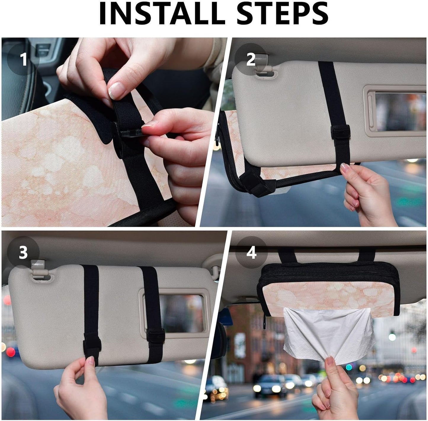 Hanging refillable visor tissue holder napkin holder sun visor with Adjustable straps & zipper Refillable tissue dispenser for vehicle Peach Gold Irregular Marble