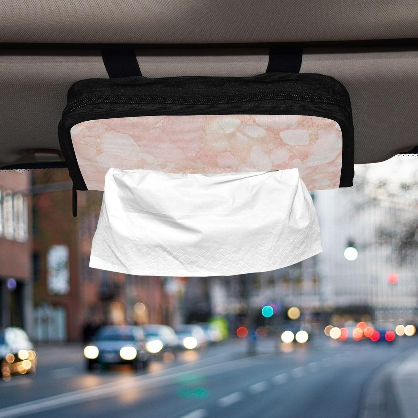 Hanging refillable visor tissue holder napkin holder sun visor with Adjustable straps & zipper Refillable tissue dispenser for vehicle Peach Gold Irregular Marble