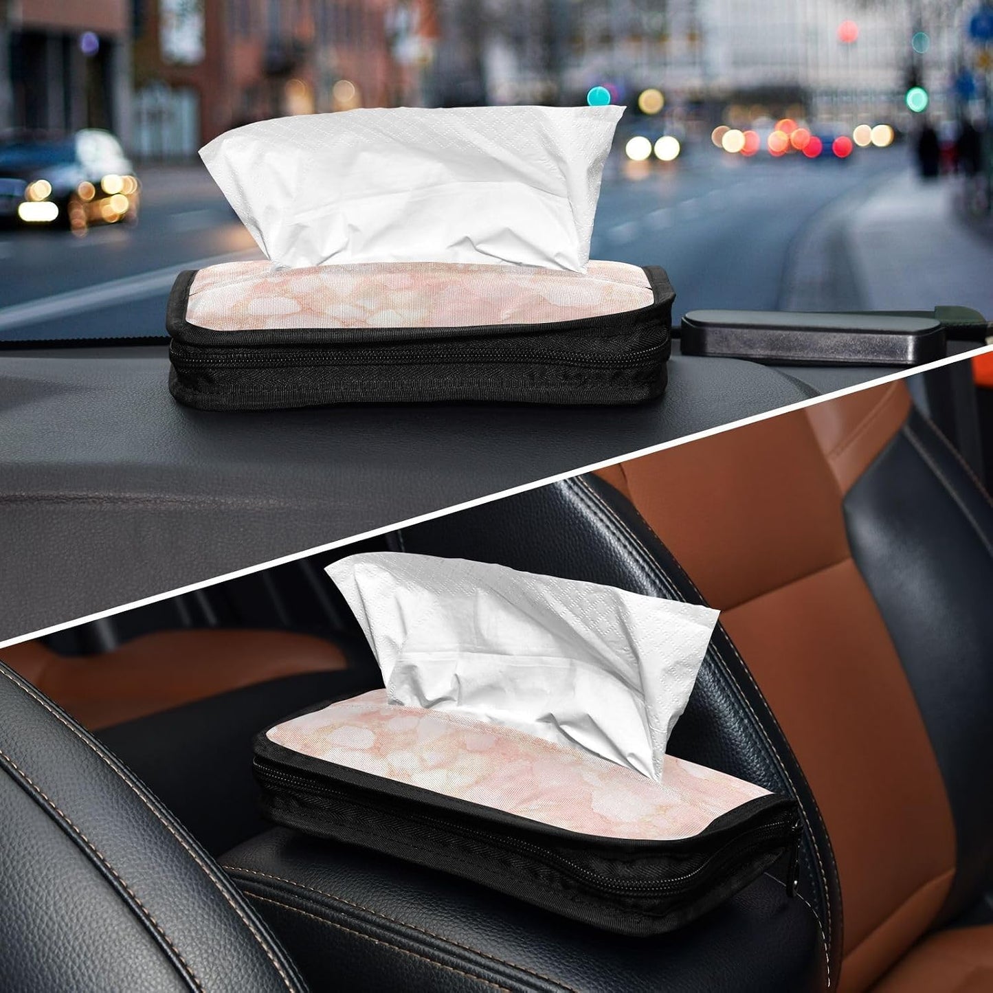 Hanging refillable visor tissue holder napkin holder sun visor with Adjustable straps & zipper Refillable tissue dispenser for vehicle Peach Gold Irregular Marble