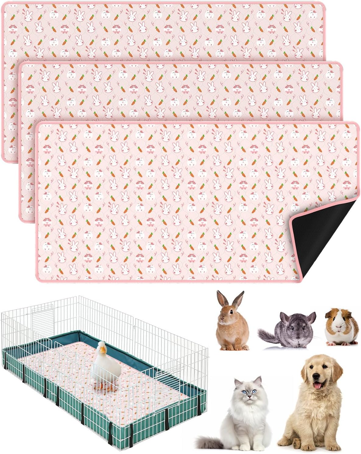 3‑Pack Guinea Pig Cage Liners, 47''X24'' Pet Pee Pad Bedding, Pink