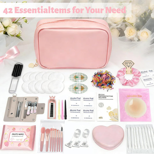 Women's Wedding Emergency Kit for Bride Wedding Survival Set with Makeup Bag, 42 Pc Wedding Daily Travel Essential Items (Pink)