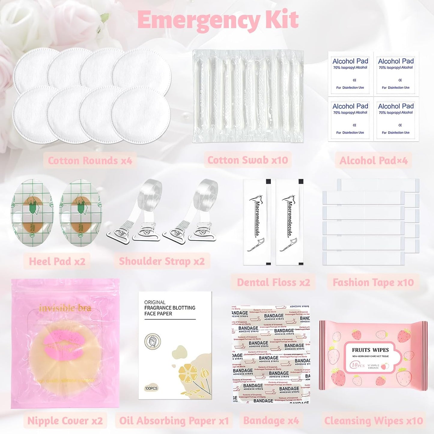Women's Wedding Emergency Kit for Bride Wedding Survival Set with Makeup Bag, 42 Pc Wedding Daily Travel Essential Items (Pink)
