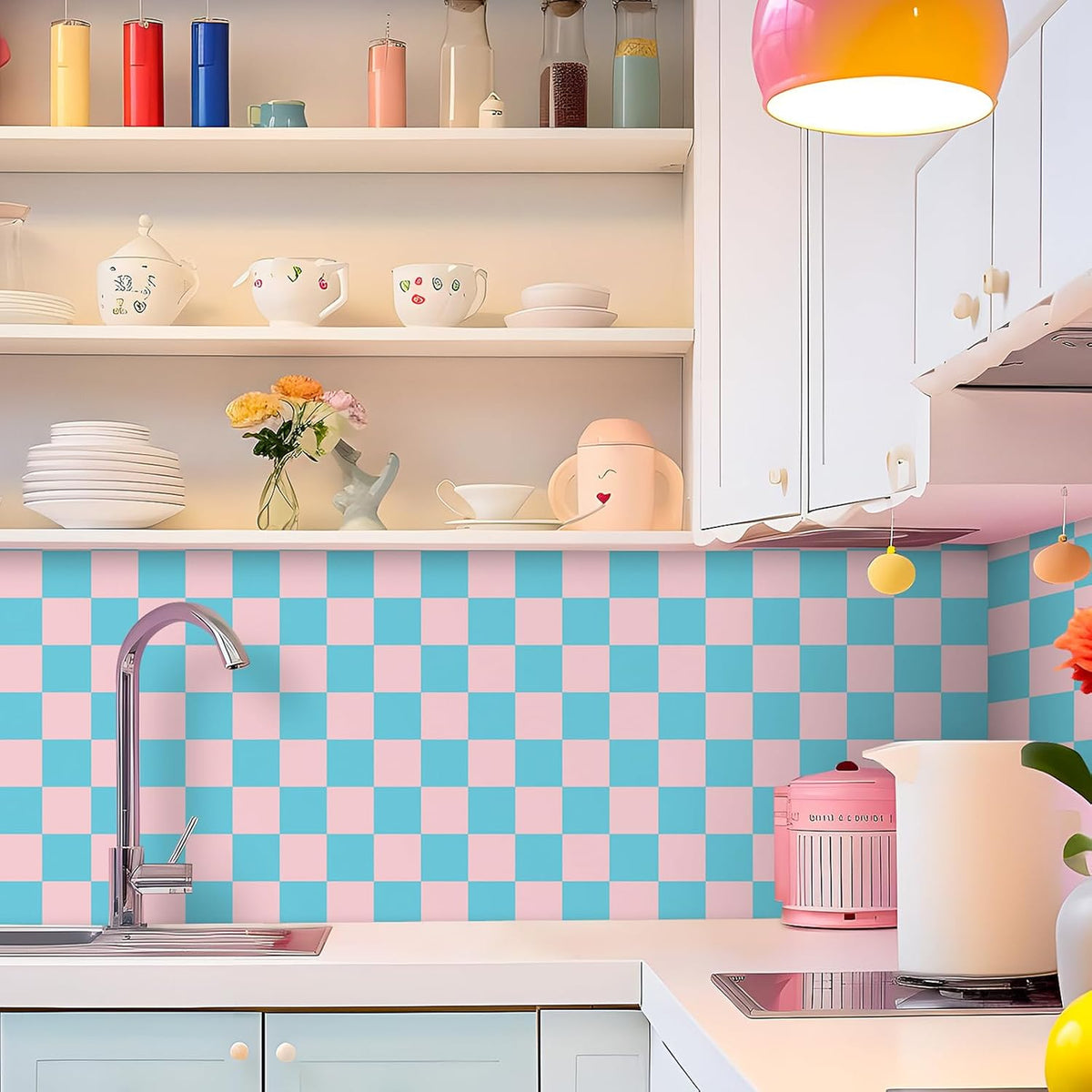 Checkered Wallpaper Blue and Pink Plaid Wallpaper Stick and Peel Checkerboard Removable Wall Paper Girls Room Blue Pink Checkered Contact Paper for Countertops Kitchen Cabinets 17.5in×10ft