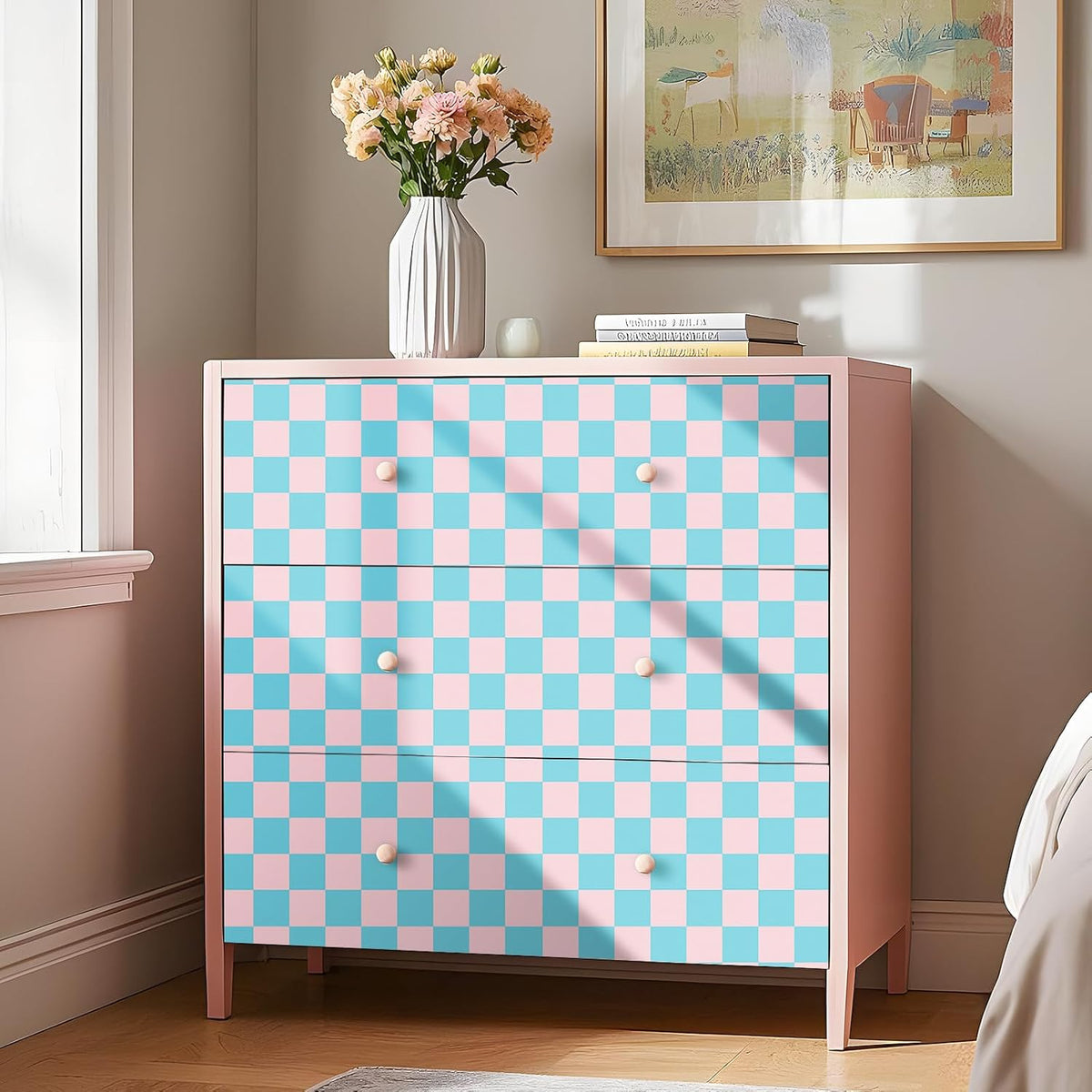 Checkered Wallpaper Blue and Pink Plaid Wallpaper Stick and Peel Checkerboard Removable Wall Paper Girls Room Blue Pink Checkered Contact Paper for Countertops Kitchen Cabinets 17.5in×10ft