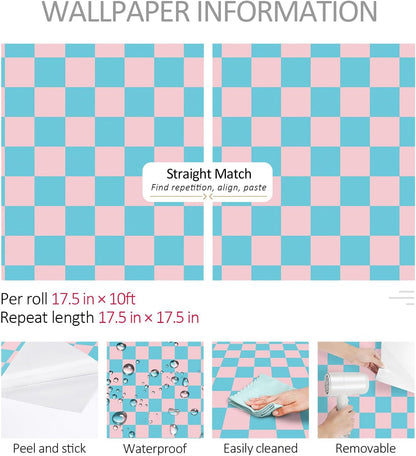 Checkered Wallpaper Blue and Pink Plaid Wallpaper Stick and Peel Checkerboard Removable Wall Paper Girls Room Blue Pink Checkered Contact Paper for Countertops Kitchen Cabinets 17.5in×10ft
