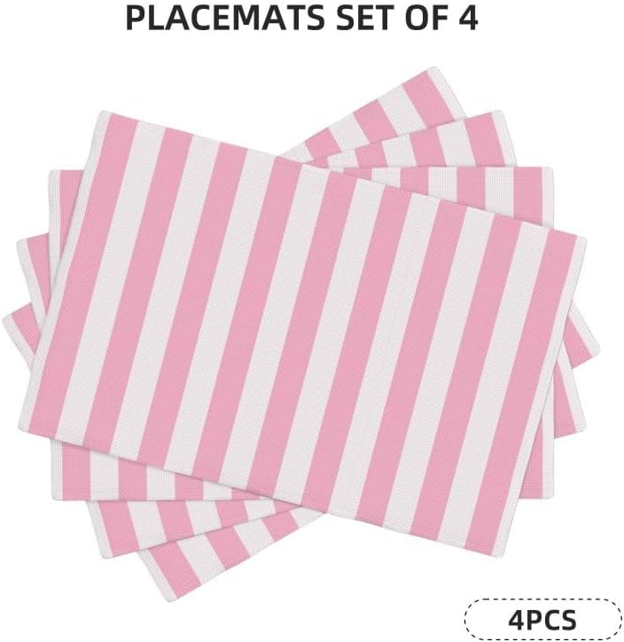 Stripe Placemat Set, Vertical Pink White Stripes Pattern Home Decor Linen Table Mats for Dining Room Kitchens Party Cafe Festive Banquet Wedding Decor, 18" L x 12" W【4 PCS】