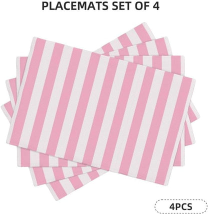Stripe Placemat Set, Vertical Pink White Stripes Pattern Home Decor Linen Table Mats for Dining Room Kitchens Party Cafe Festive Banquet Wedding Decor, 18" L x 12" W【4 PCS】